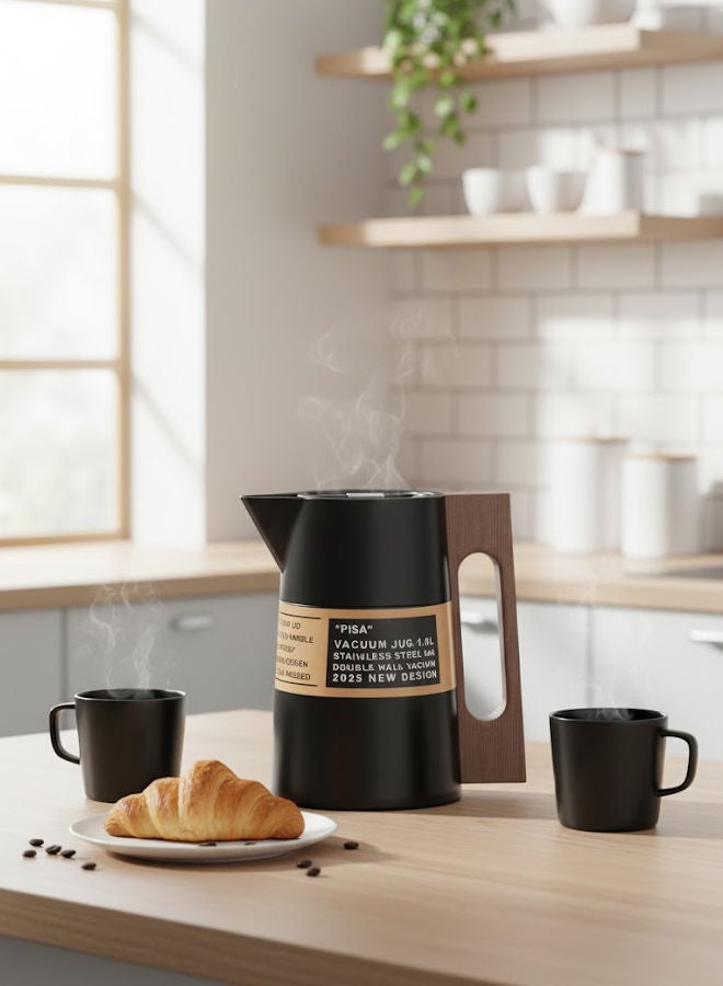 GAZELLA Stainless Steel Tea/Coffee Flask 1.0 Liter Black/Brown, Wooden Handle, 304 Stainless Steel Inside, Double Wall Vacuum - Image 2