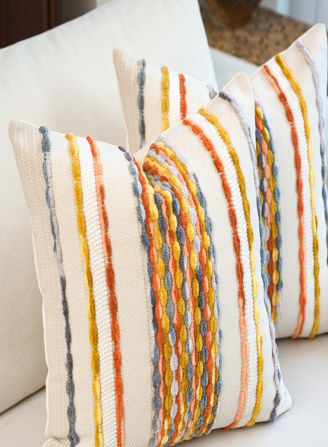 Aeckself Boho Pillow Covers 18x18 Inch Set of 2, Farmhouse Decorative Striped Square Chenille Tufted Accent Neutral Throw Pillow Covers for Living Room Couch Bed, Yellow Orange - Image 2