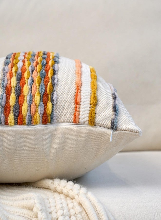 Aeckself Boho Pillow Covers 18x18 Inch Set of 2, Farmhouse Decorative Striped Square Chenille Tufted Accent Neutral Throw Pillow Covers for Living Room Couch Bed, Yellow Orange - Image 3