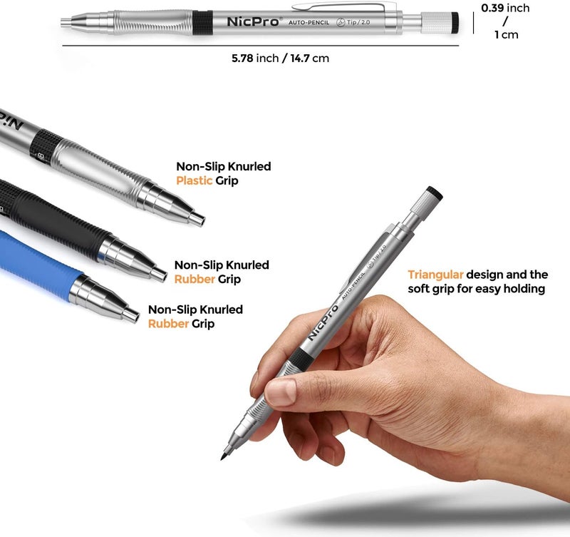 Nicpro 11 Pieces 2mm Mechanical Pencil Set, 3 PCS Carpenter Drafting Pencil 2.0 mm for Art Drawing Writing Sketching Construction with 6 Tube Pre-Sharpen HB & 2B Refill, Eraser, Sharpener - Image 3