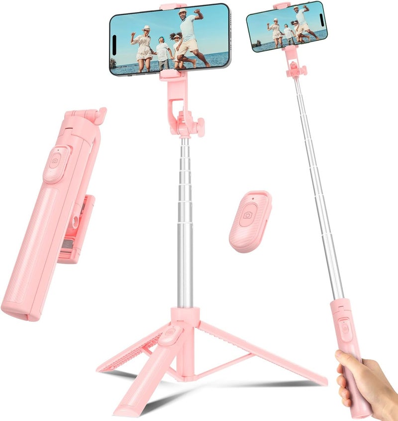 Liphisy Shock rubber edge Selfie Stick Travel Tripod for Cell Phone with Remote Control and Phone Holder, Extendable Selfie Stick for iPhone, iPhone Tripod for Video Recording, 50 Inch, Pink Universal design - Image 1