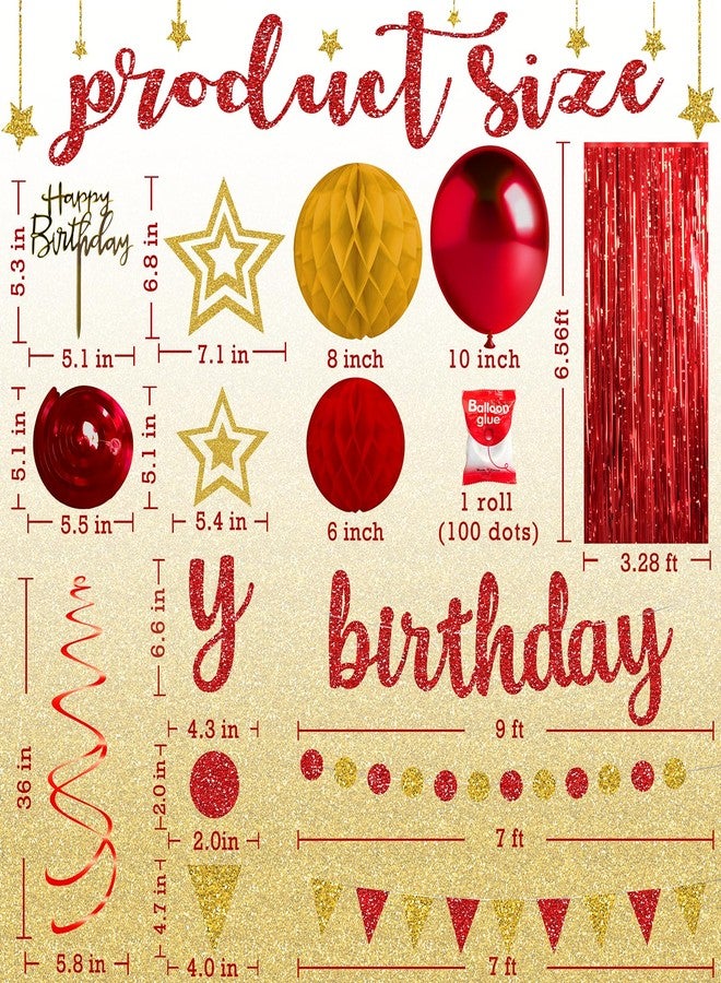 Celee Red and Gold Birthday Party Decorations Set - Happy Birthday Banner Balloons Foil Curtains Hanging Swirls for Men Women Birthday Party Supplies - Image 3