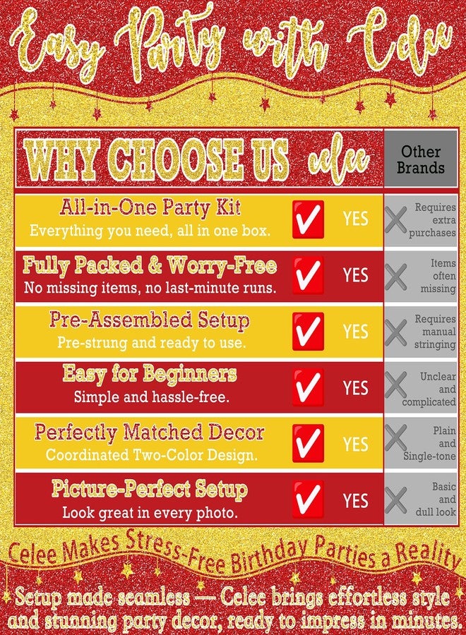 Celee Red and Gold Birthday Party Decorations Set - Happy Birthday Banner Balloons Foil Curtains Hanging Swirls for Men Women Birthday Party Supplies - Image 4