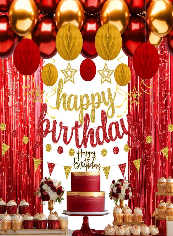 Celee Red and Gold Birthday Party Decorations Set - Happy Birthday Banner Balloons Foil Curtains Hanging Swirls for Men Women Birthday Party Supplies - Image 1
