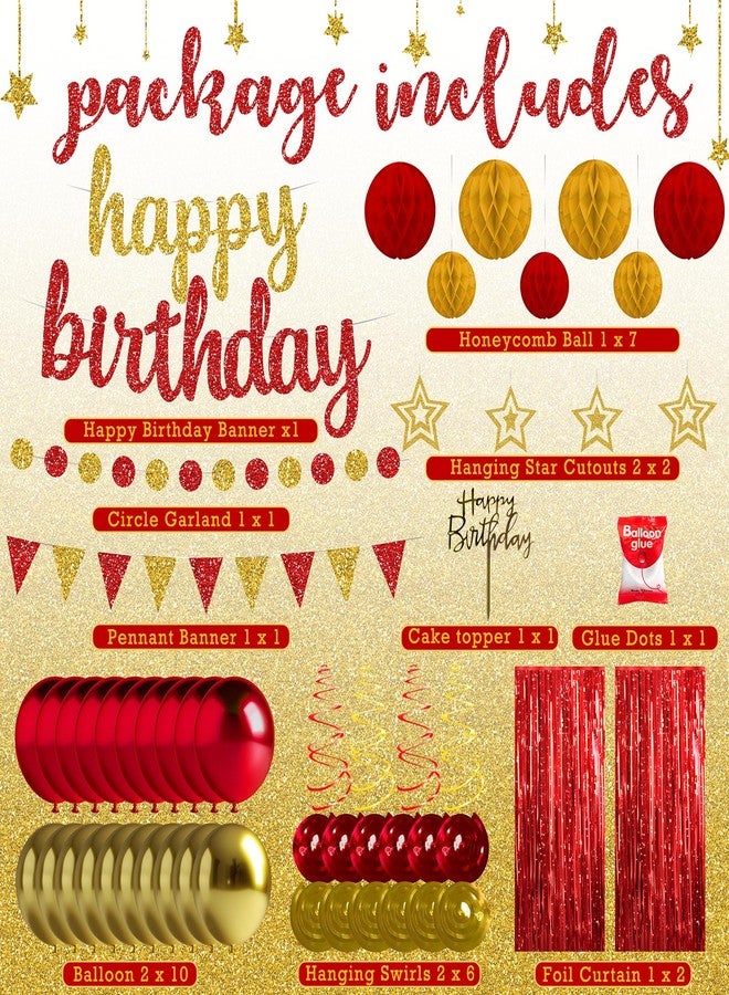 Celee Red and Gold Birthday Party Decorations Set - Happy Birthday Banner Balloons Foil Curtains Hanging Swirls for Men Women Birthday Party Supplies - Image 2