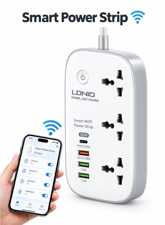 LDNIO WiFi Smart Power Extension 2 Meter Extention Cord Cable With 3 Socket Outlets USB-C Slot PD Fast Charge Port + 2USB-A And 1 QC3.0 Power Strip For Home , Office , Kitchen Works With  Smart App Universal Power Sockets With UK 3 Pin Plug With Europe Safty Standards - Image 1