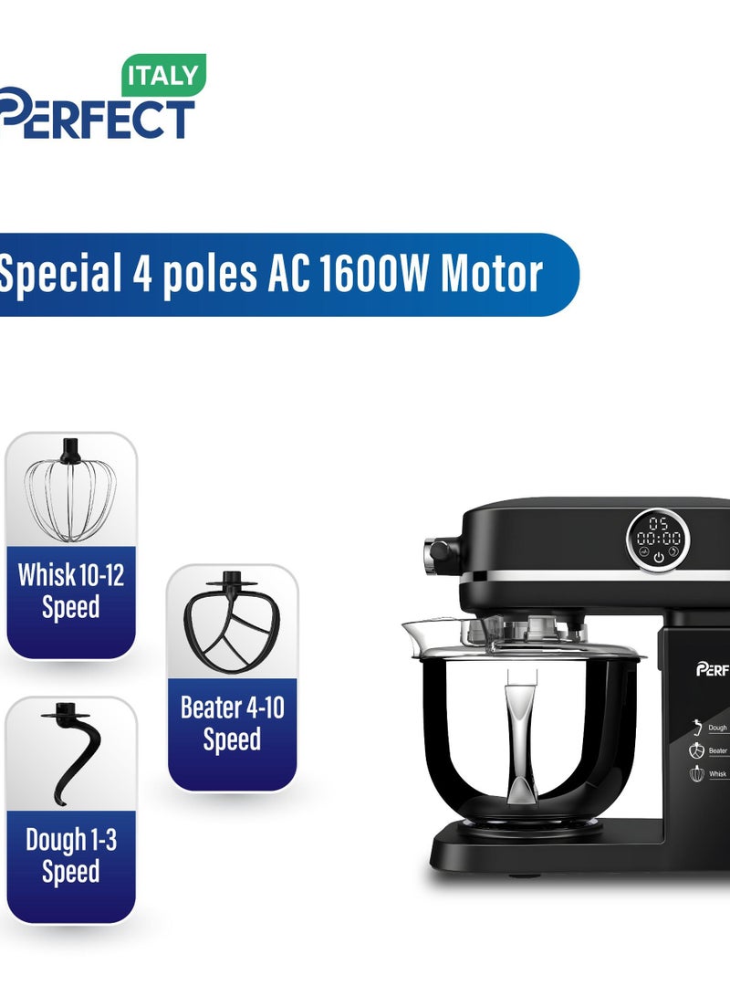 برفكت خلاط مطبخ بحامل من بيرفيكت إيتالي، وعاء من الفولاذ المقاوم للصدأ سعة 7 لتر، 3 ملحقات خلط و12 تحكم في السرعة، خلاط طعام كهربائي مع مخفق بيض وخطاف عجين ومضرب مسطح، 1600 وات، أسود - Image 1