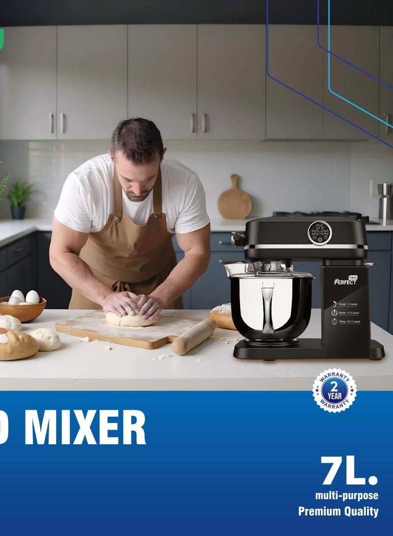 برفكت خلاط مطبخ بحامل من بيرفيكت إيتالي، وعاء من الفولاذ المقاوم للصدأ سعة 7 لتر، 3 ملحقات خلط و12 تحكم في السرعة، خلاط طعام كهربائي مع مخفق بيض وخطاف عجين ومضرب مسطح، 1600 وات، أسود - Image 2