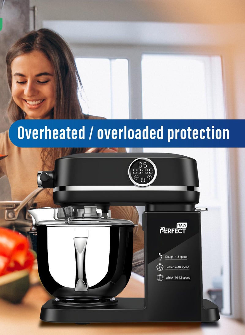 برفكت خلاط مطبخ بحامل من بيرفيكت إيتالي، وعاء من الفولاذ المقاوم للصدأ سعة 7 لتر، 3 ملحقات خلط و12 تحكم في السرعة، خلاط طعام كهربائي مع مخفق بيض وخطاف عجين ومضرب مسطح، 1600 وات، أسود - Image 4