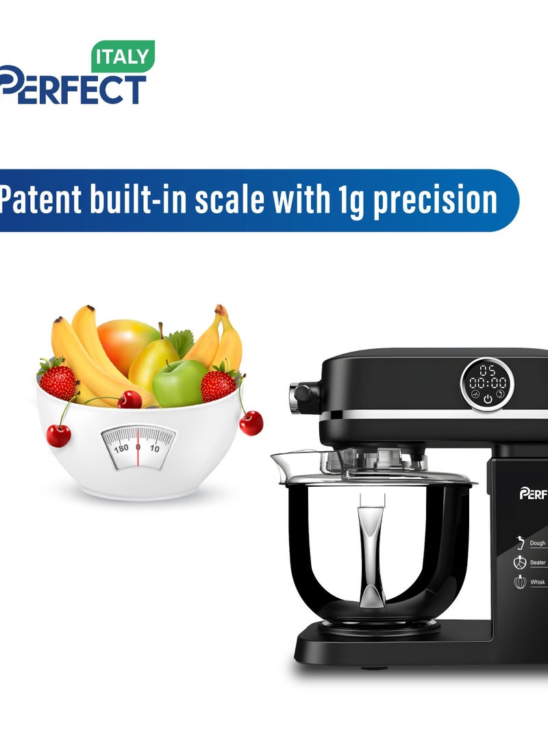 برفكت خلاط مطبخ بحامل من بيرفيكت إيتالي، وعاء من الفولاذ المقاوم للصدأ سعة 7 لتر، 3 ملحقات خلط و12 تحكم في السرعة، خلاط طعام كهربائي مع مخفق بيض وخطاف عجين ومضرب مسطح، 1600 وات، أسود - Image 5