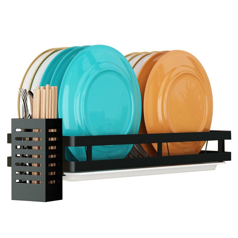 Supfirm Wall Mounted Stainless Steel Dish Drying Rack Fruit Vegetable Storage Basket with Drainboard and Hanging Chopsticks Cage Kitchen Shelf Utensils Organizer (1 Tier) - Image 1
