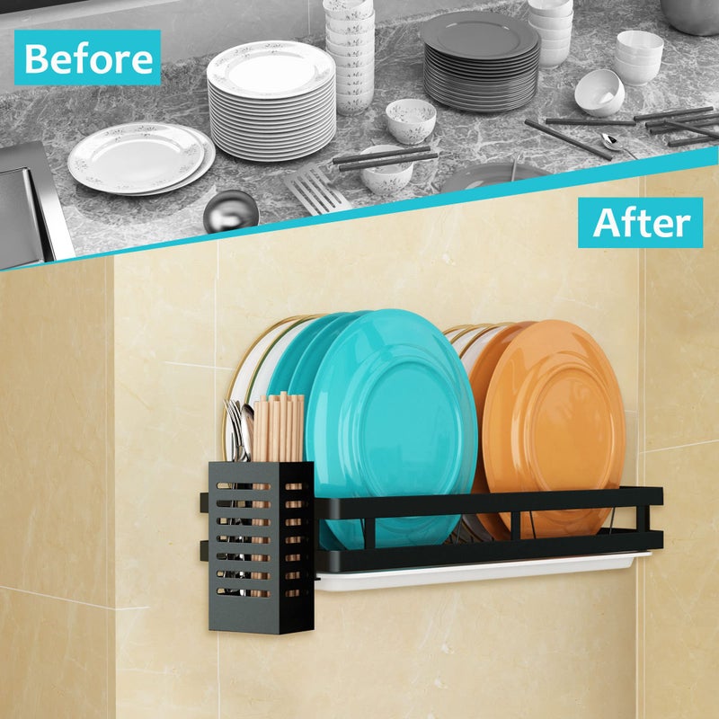 Supfirm Wall Mounted Stainless Steel Dish Drying Rack Fruit Vegetable Storage Basket with Drainboard and Hanging Chopsticks Cage Kitchen Shelf Utensils Organizer (1 Tier) - Image 2