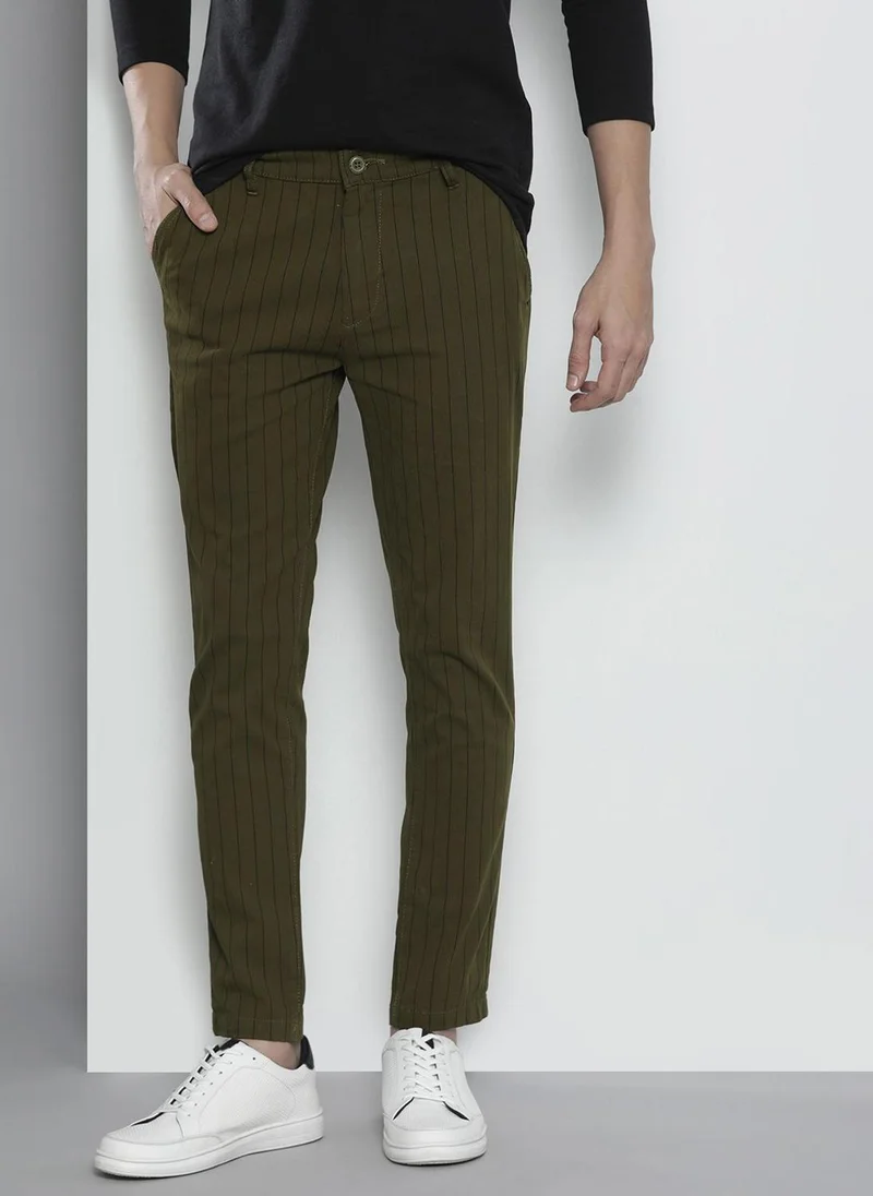 Men Slim Fit Striped Mid-Rise Stretchable Chinos