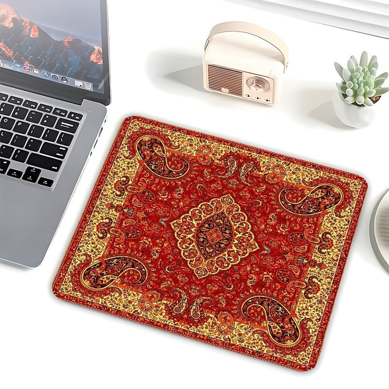 1 Piece Multi-Size Rubber Non-Slip Gaming Mouse Pad, Red Background Retro Pattern Printed Desk Mat, Office Computer Desk Pad, Mechanical Keyboard Mat, Decorative Durable Gaming Mouse Pad, Suitable for Home and Office Use, Traditional Pattern Design, Textured Desktop  Accessory - Image 5