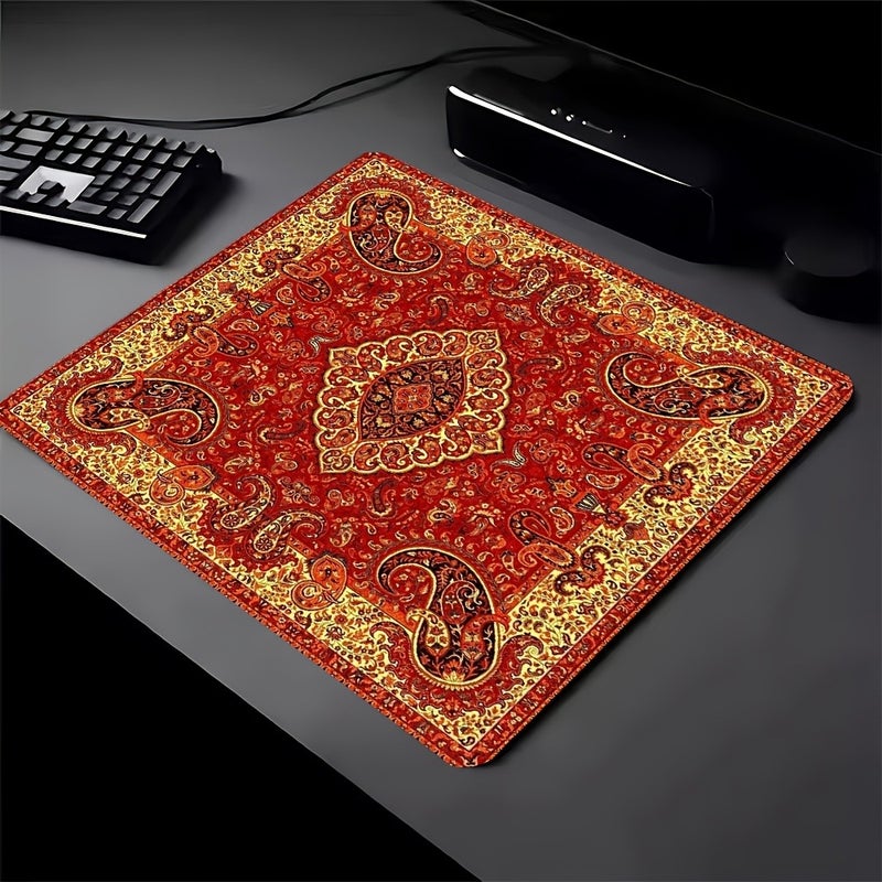 1 Piece Multi-Size Rubber Non-Slip Gaming Mouse Pad, Red Background Retro Pattern Printed Desk Mat, Office Computer Desk Pad, Mechanical Keyboard Mat, Decorative Durable Gaming Mouse Pad, Suitable for Home and Office Use, Traditional Pattern Design, Textured Desktop  Accessory - Image 3