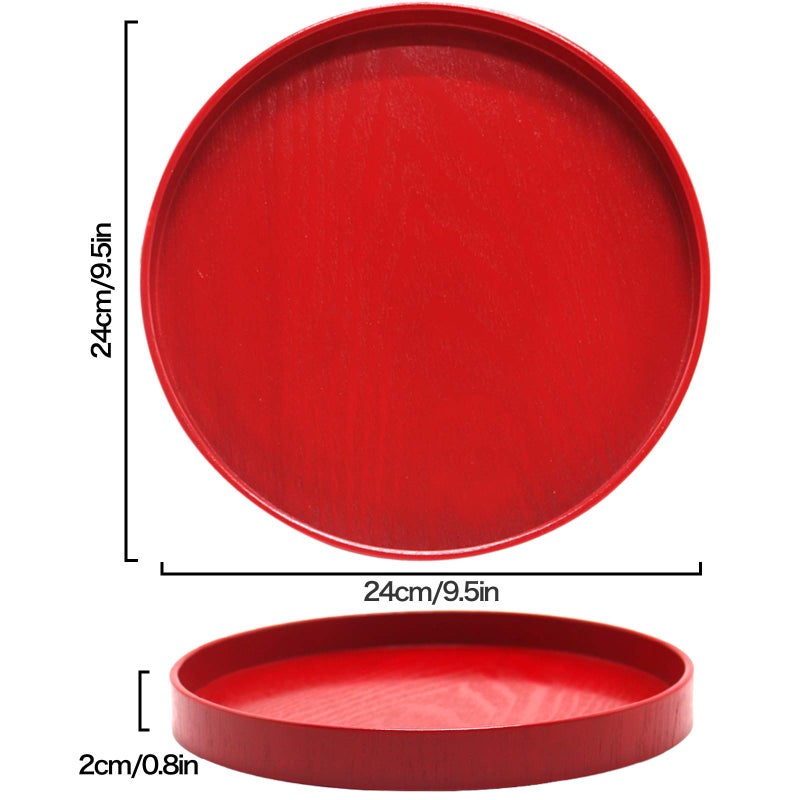 N.C Round Solid Wood Serving Tray, Non-Slip Tea Coffee Snack Plate Food Meals Serving Tray with Raised Edges for Home Kitchen Restaurant(9.5inch,Red) - Image 2