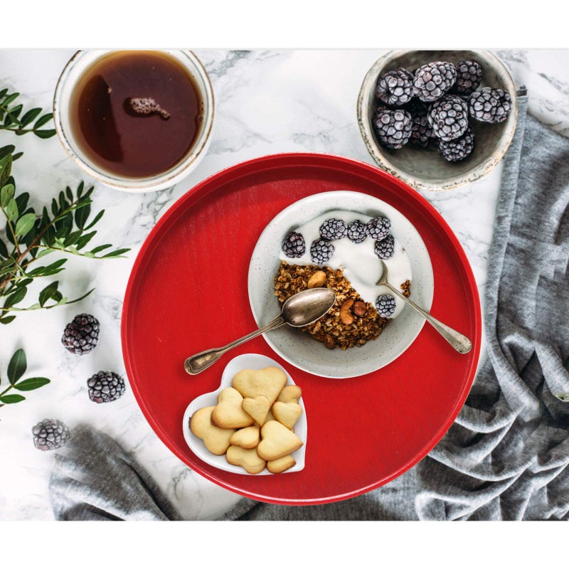 N.C Round Solid Wood Serving Tray, Non-Slip Tea Coffee Snack Plate Food Meals Serving Tray with Raised Edges for Home Kitchen Restaurant(9.5inch,Red) - Image 3