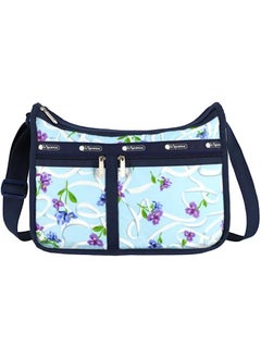 LeSportsac LeSportsac Ribbons Of Hope Deluxe Everyday Crossbody Bag + Cosmetic Bag, Style 7507/Color G823, Artful Indigo & Violet Iris Flowers, Elegant White Ribbons, Dreamy Aqua Blue Bag, Cancer Awareness 