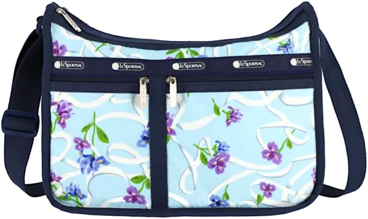 LeSportsac LeSportsac Ribbons Of Hope Deluxe Everyday Crossbody Bag + Cosmetic Bag, Style 7507/Color G823, Artful Indigo & Violet Iris Flowers, Elegant White Ribbons, Dreamy Aqua Blue Bag, Cancer Awareness