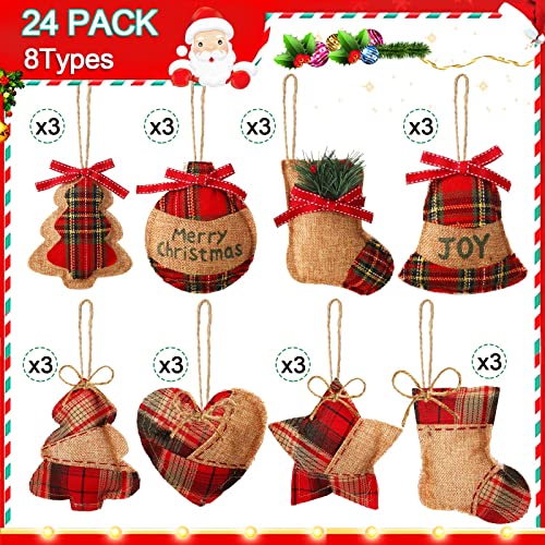 Sumind 24 Pcs Burlap Christmas Ornaments Set Mini Stockings Funny Christmas Tree Ornaments Rustic Decorations Red Plaid Tartan Hanging Decoration Stocking Ball Tree 8 StylesFresh - Image 3