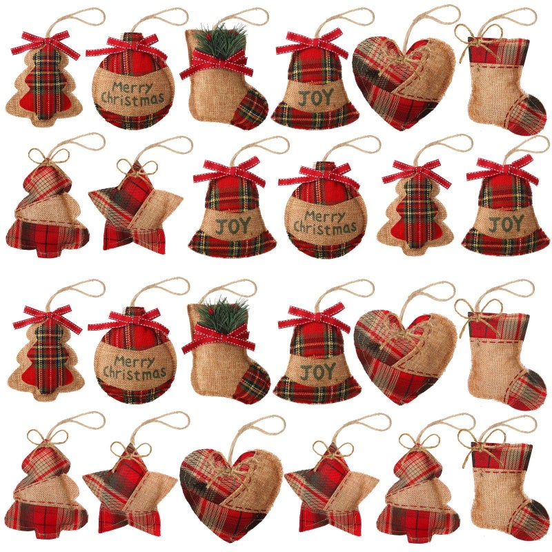 Sumind 24 Pcs Burlap Christmas Ornaments Set Mini Stockings Funny Christmas Tree Ornaments Rustic Decorations Red Plaid Tartan Hanging Decoration Stocking Ball Tree 8 StylesFresh - Image 2