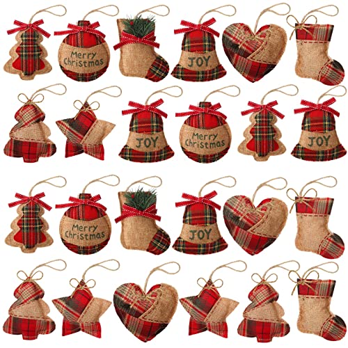 Sumind 24 Pcs Burlap Christmas Ornaments Set Mini Stockings Funny Christmas Tree Ornaments Rustic Decorations Red Plaid Tartan Hanging Decoration Stocking Ball Tree 8 StylesFresh - Image 1