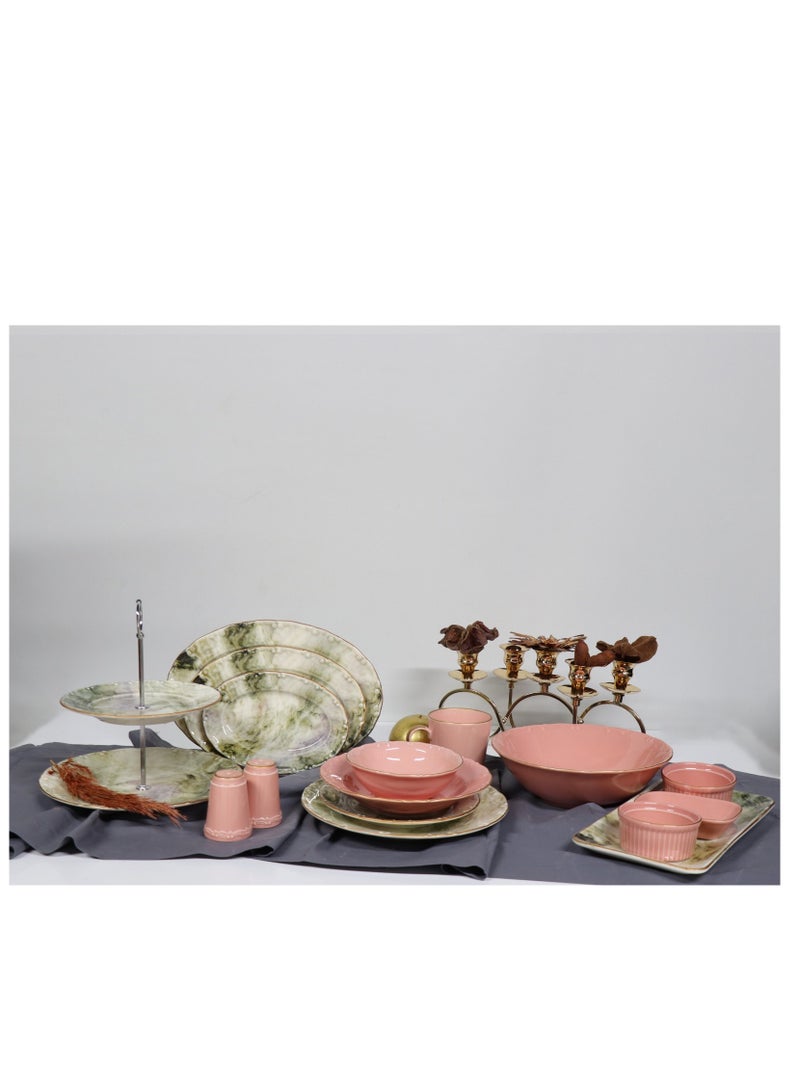 Turkish Porcelain Dinner Set – 43 Pieces : 6 large plates, 6 small plates, 6 deep large plates, 6 large soup bowls, 6 large coffee mugs, 3 serving plates in different sizes, 2-tier serving stand, 4-piece serving set, 2 fruit plates, 2 salt shakers, 1 large salad bowl. - Image 2