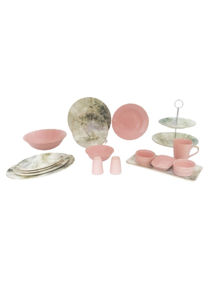 Turkish Porcelain Dinner Set – 43 Pieces : 6 large plates, 6 small plates, 6 deep large plates, 6 large soup bowls, 6 large coffee mugs, 3 serving plates in different sizes, 2-tier serving stand, 4-piece serving set, 2 fruit plates, 2 salt shakers, 1 large salad bowl. - Image 3