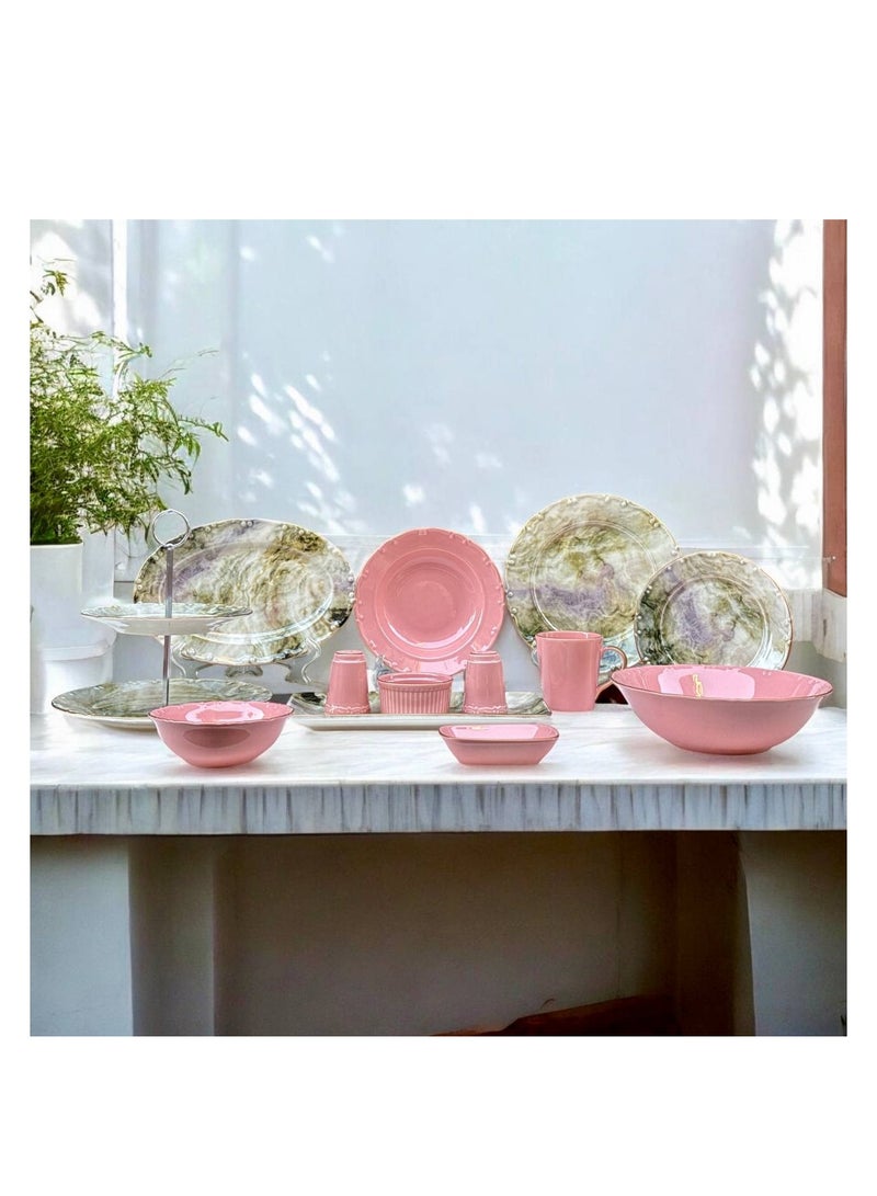 Turkish Porcelain Dinner Set – 43 Pieces : 6 large plates, 6 small plates, 6 deep large plates, 6 large soup bowls, 6 large coffee mugs, 3 serving plates in different sizes, 2-tier serving stand, 4-piece serving set, 2 fruit plates, 2 salt shakers, 1 large salad bowl. - Image 1