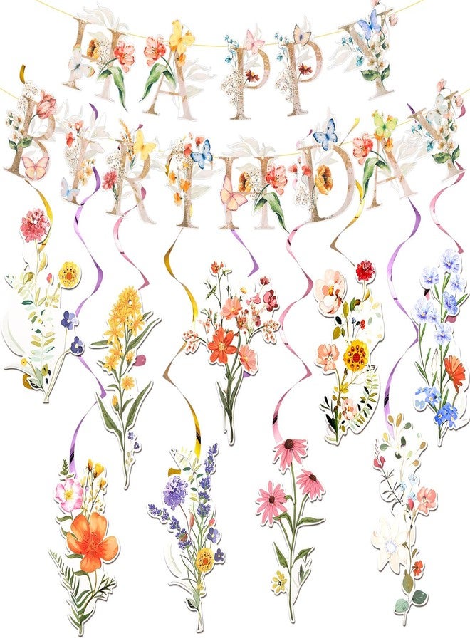 Trandraft Wildflower Birthday Decorations for Girls, Floral Happy Birthday Banner with 9 Flower Hanging Swirls, Garden Floral Party Decorations for Women, Spring Wildflower Party Decor - Image 1