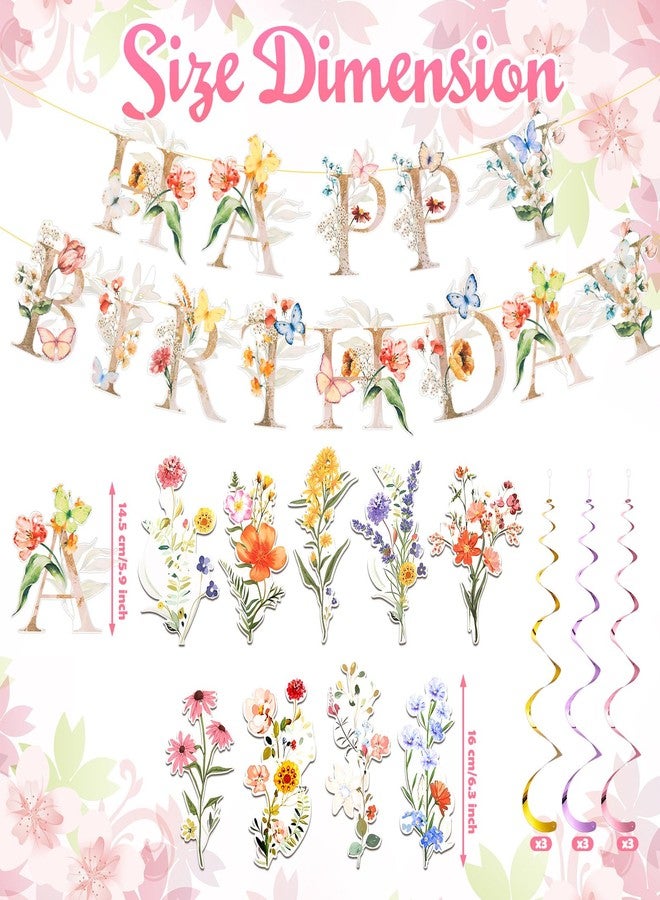 Trandraft Wildflower Birthday Decorations for Girls, Floral Happy Birthday Banner with 9 Flower Hanging Swirls, Garden Floral Party Decorations for Women, Spring Wildflower Party Decor - Image 2