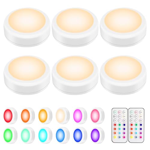 BLS LED Puck Lights with Remote Control, Wireless Under Cabinet & Closet Lighting, RGB 13 Color Changing Lights with Dimmer, Timer & AA Battery Operated, Push, Touch, Stick on for Night, Wall, 6 Pack - Image 1