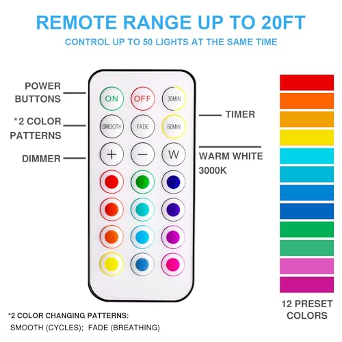 BLS LED Puck Lights with Remote Control, Wireless Under Cabinet & Closet Lighting, RGB 13 Color Changing Lights with Dimmer, Timer & AA Battery Operated, Push, Touch, Stick on for Night, Wall, 6 Pack - Image 4