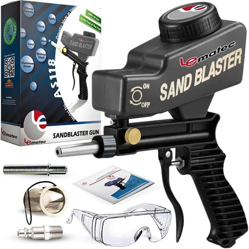 LE LEMATEC LE LEMATEC Sand Blaster Gun Kit for Air Compressor, Paint/Rust Remover for Metal, Wood & Glass Etching, Up to 150 PSI Blasting Media for Aluminum, Sand, Walnut Shells & Soda Blaster, Black (AS118)  - Image 1