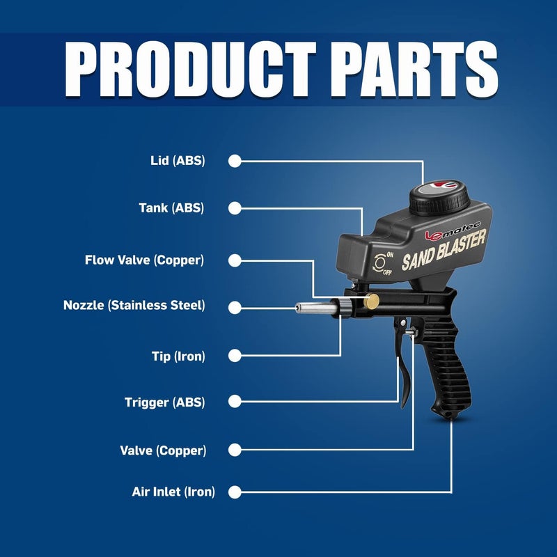 LE LEMATEC LE LEMATEC Sand Blaster Gun Kit for Air Compressor, Paint/Rust Remover for Metal, Wood & Glass Etching, Up to 150 PSI Blasting Media for Aluminum, Sand, Walnut Shells & Soda Blaster, Black (AS118)  - Image 3