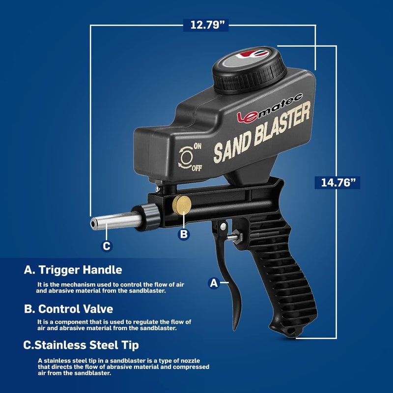 LE LEMATEC LE LEMATEC Sand Blaster Gun Kit for Air Compressor, Paint/Rust Remover for Metal, Wood & Glass Etching, Up to 150 PSI Blasting Media for Aluminum, Sand, Walnut Shells & Soda Blaster, Black (AS118)  - Image 2
