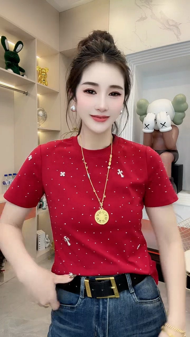 European Station Design Sense Heavy Industry Starry Sky Hot Diamond Short-Sleeved T-Shirt Women's 2026 New Slim-Fit Versatile Half-Sleeve Top - Image 2