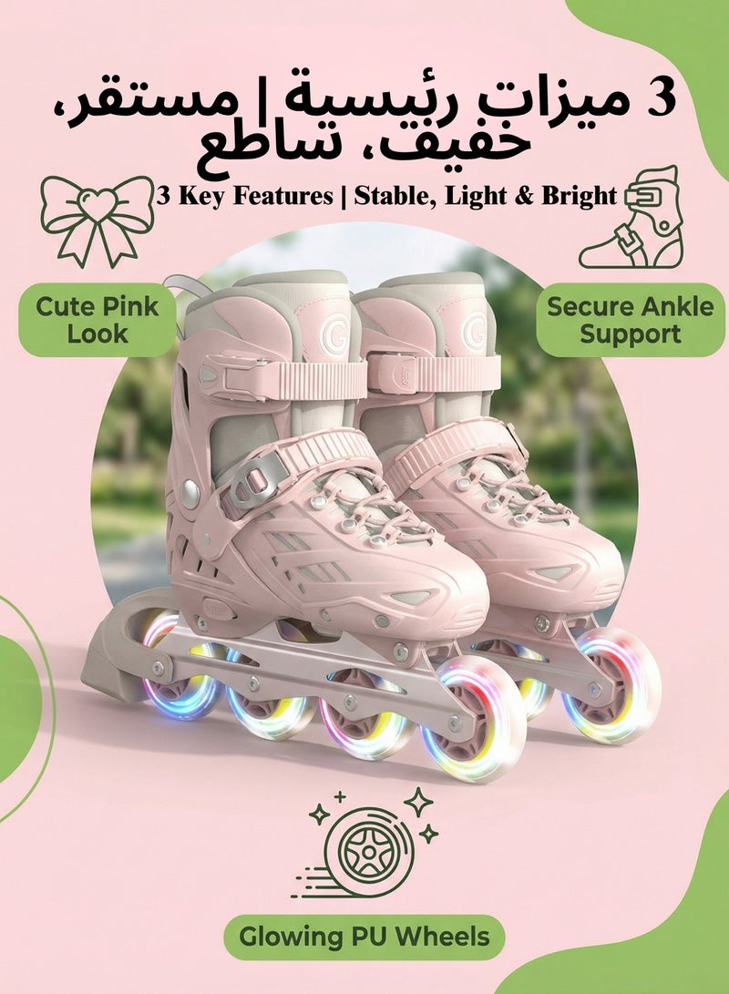 سكت شيكترو زلاجات دوارة وردية قابلة للتعديل للبنات | 8 عجلات مضيئة مع خوذة وواقيات للركبة ومجموعة تدريب وحقيبة تخزين - Image 2