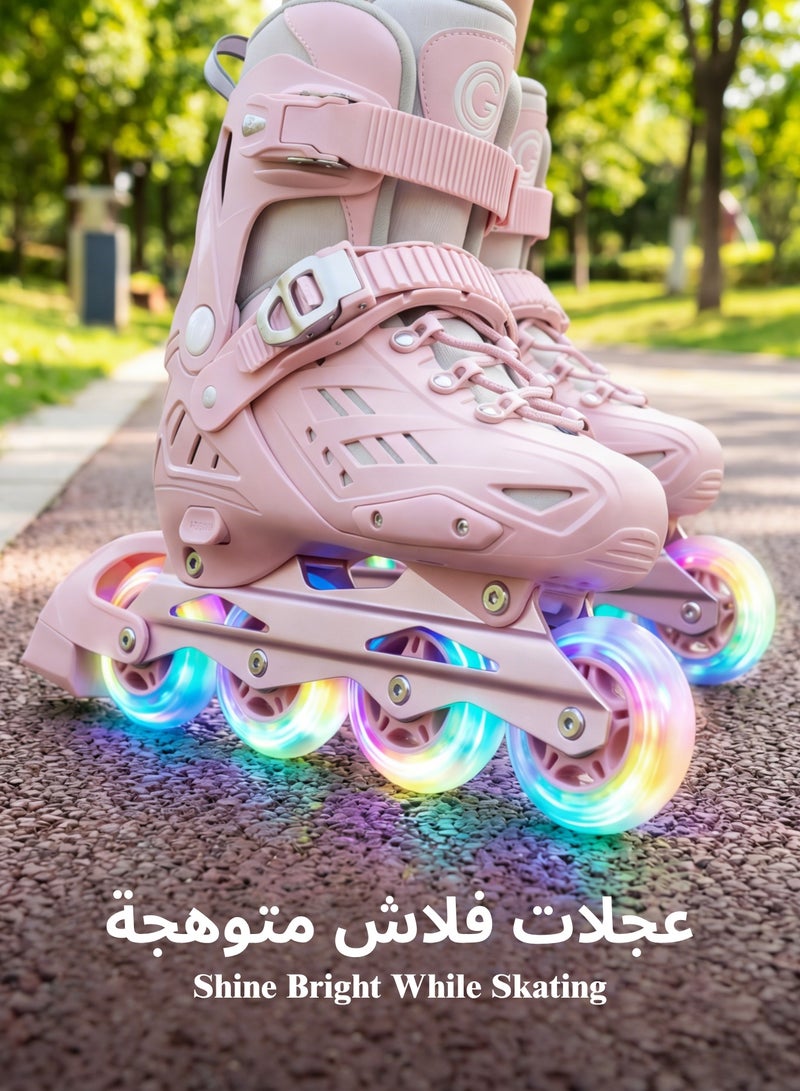 سكت شيكترو زلاجات دوارة وردية قابلة للتعديل للبنات | 8 عجلات مضيئة مع خوذة وواقيات للركبة ومجموعة تدريب وحقيبة تخزين - Image 4