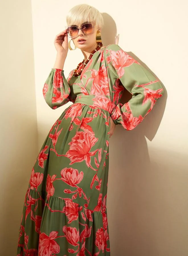 Olive and Red Floral Wrap Neck Maxi Dress