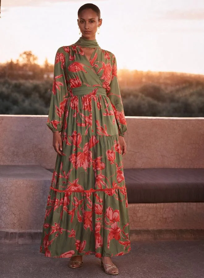 Sassafras Olive and Red Floral Wrap Neck Maxi Dress