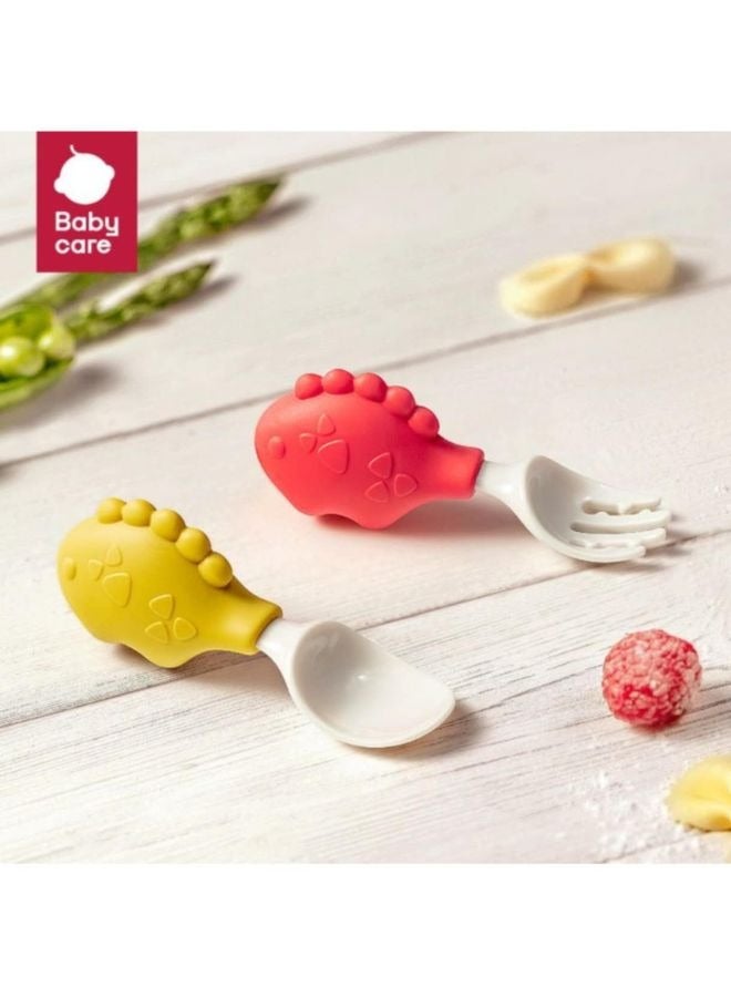 Baby Care 2-in-1 Baby Self Feeding Training Spoon and Fork Set | Soft Silicone Utensils for Infants and Toddlers | Safe and BPA-Free Baby  Cutlery Set | Easy Grip Handles Red and Yellow 114x20x37mm - Image 1