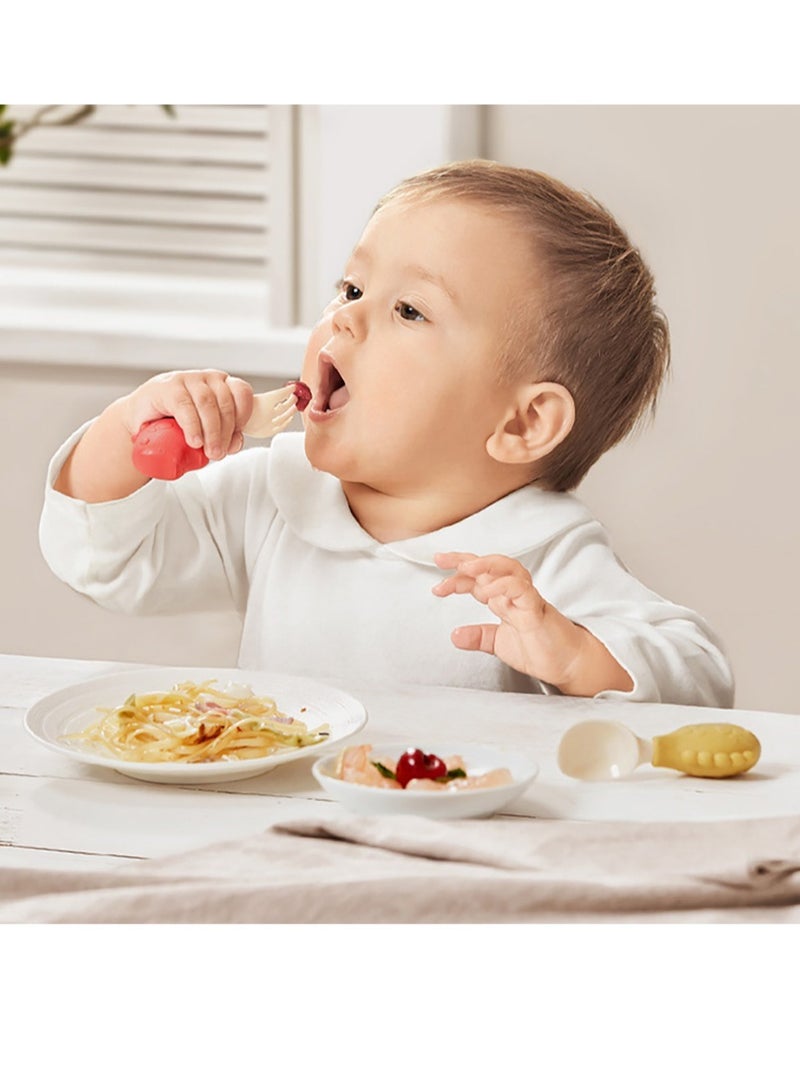 Baby Care 2-in-1 Baby Self Feeding Training Spoon and Fork Set | Soft Silicone Utensils for Infants and Toddlers | Safe and BPA-Free Baby  Cutlery Set | Easy Grip Handles Red and Yellow 114x20x37mm - Image 5