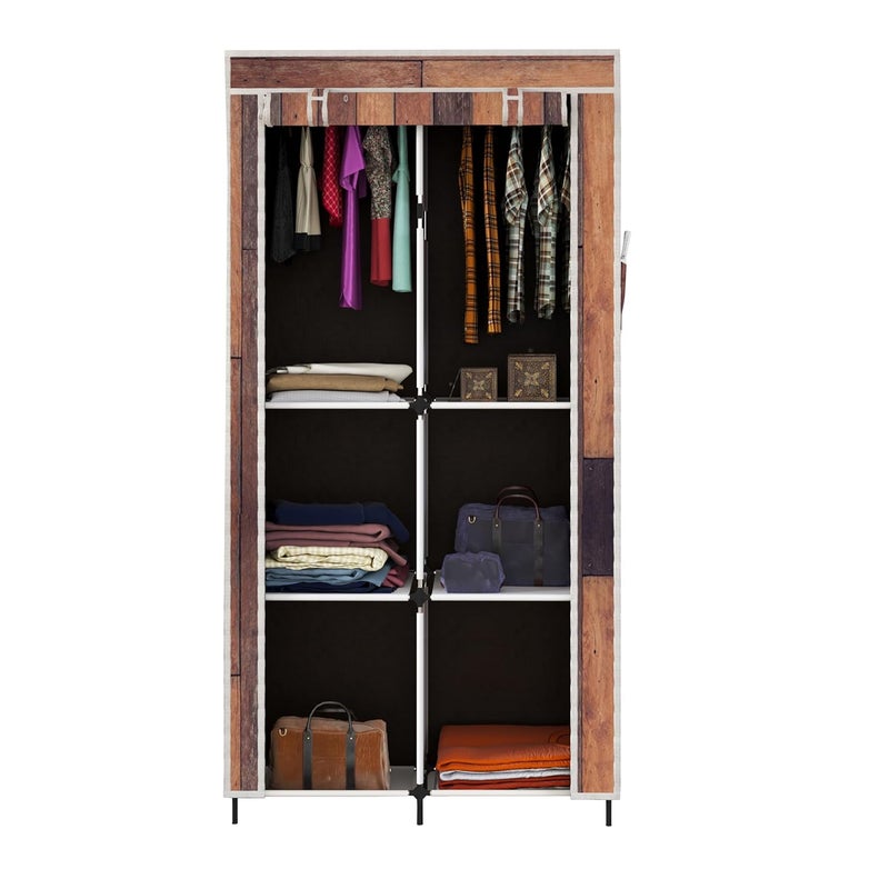 Whitecloud TRANSFORMING HOMES Whitecloud TRANSFORMING HOMES Printed Collapsible Wardrobe Almira with 6 Shelves 2 Hanging Space 1 Side Pocket NonWoven Fabric 100 GSM 20032 Wooden Brown  - Image 1