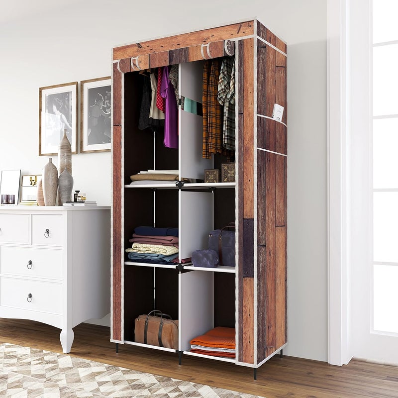 Whitecloud TRANSFORMING HOMES Whitecloud TRANSFORMING HOMES Printed Collapsible Wardrobe Almira with 6 Shelves 2 Hanging Space 1 Side Pocket NonWoven Fabric 100 GSM 20032 Wooden Brown  - Image 2