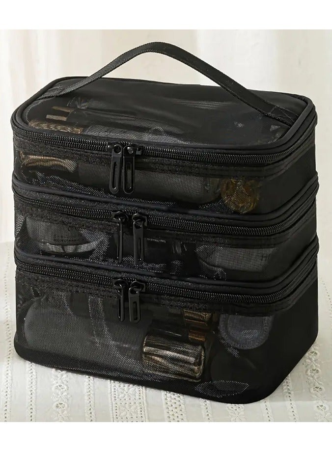 حقيبة مكياج محمولة لون اسود سعة كبيرة عدد 3 ادوار متعددة الاستخدامات من النايلون شبكية قابلة للطي و مقاومة للبقع مع سحاب اسود و مقبض يد علوي لسهولة الحمل تحافظ على مستحضرات التجميل و فرش المكياج و الإكتسسوارات سهل التنظيف و واسعة متعددة الاستخدامات 3 اطباق لتنظيم وحفظ المكياج او العطور او الإكتسسوارات اوالساعات او الاقلام او المقتنيات الشخصية مناسبة في السفر و التنقلات و الاستخدام اليومي مثالية للهدايا هدية لأم او الزوجة او الابنه او الصديقة - Image 1