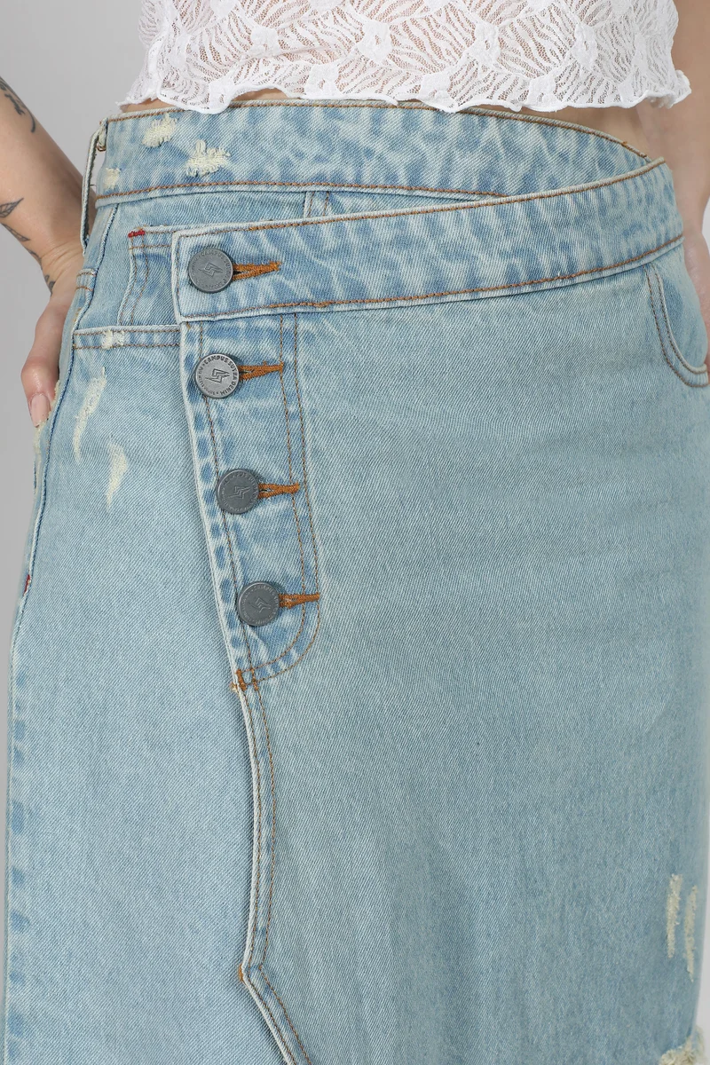 Campus Sutra Women's Light Blue Asymmetrical Midi Denim Skirt