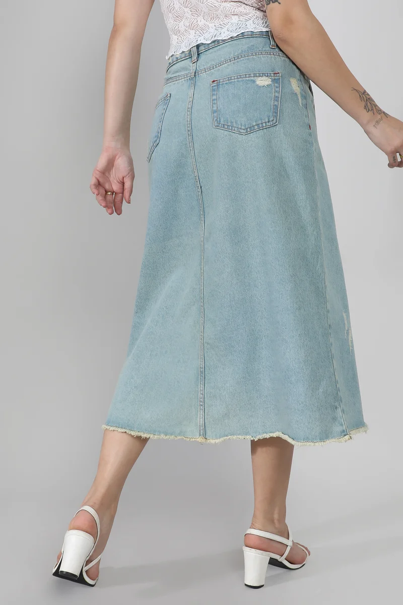 Campus Sutra Women's Light Blue Asymmetrical Midi Denim Skirt