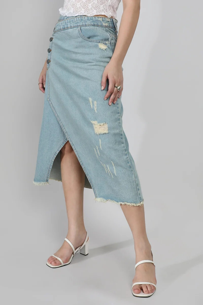 Campus Sutra Women's Light Blue Asymmetrical Midi Denim Skirt