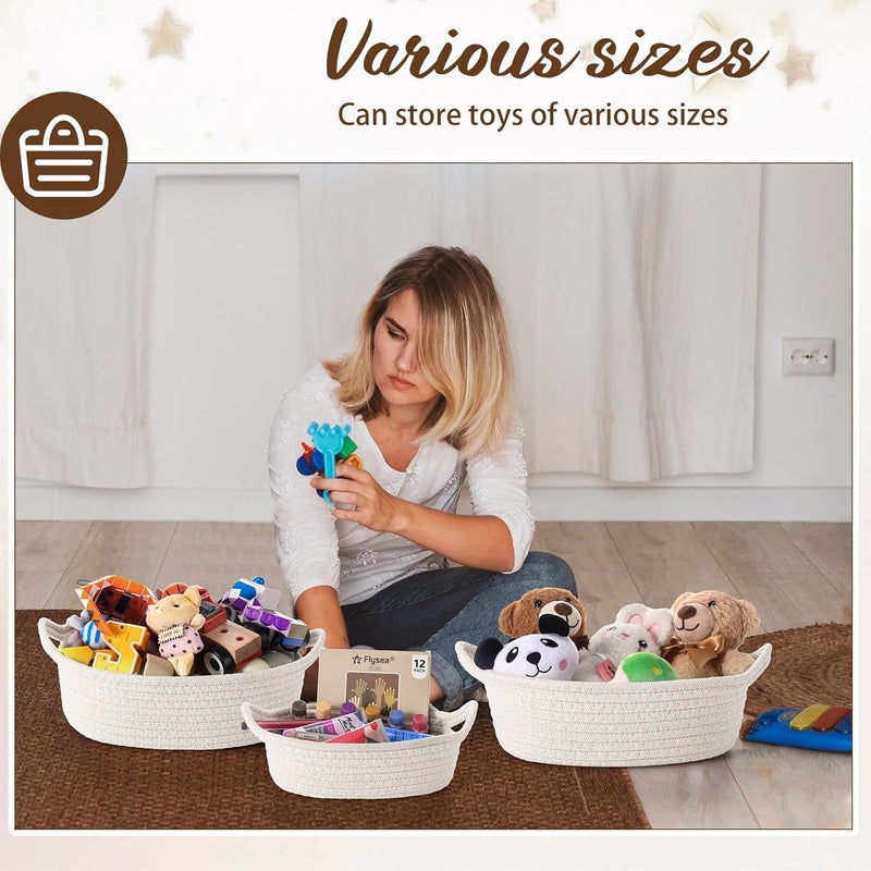Zopeal مجموعة سلال تخزين بيضاوية من زوبيل 6 قطع مصنوعة من حبل القطن المنسوج مع مقبض سلة هدايا سلة ألعاب ناعمة للأطفال لساحة الأطفال سلال ألعاب للقطط والكلاب سلال متعددة الاستخدامات للمنزل والمكتب باللون الأبيض - Image 5